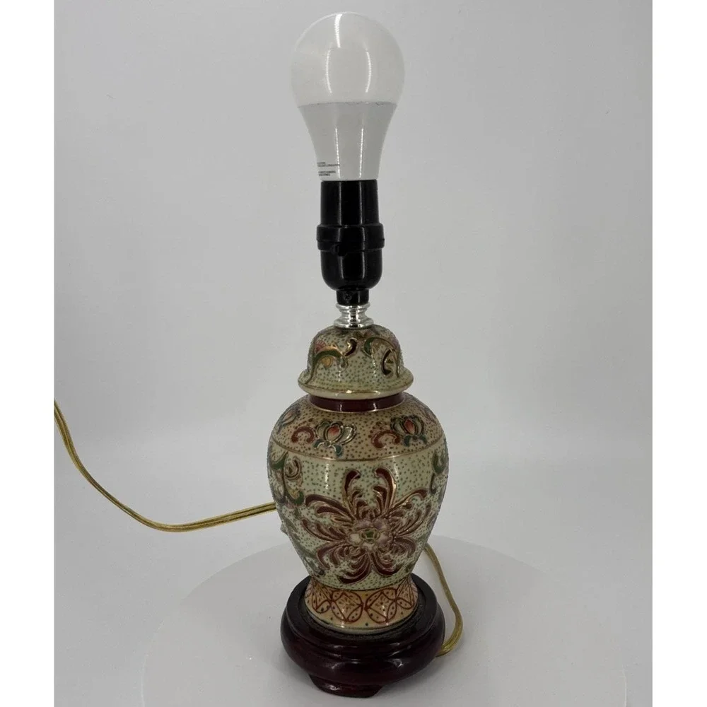 Vtg Asian Satuma Style Ginger Jar‎ Lamp Hand Painted Floral Chinoiserie Enamel